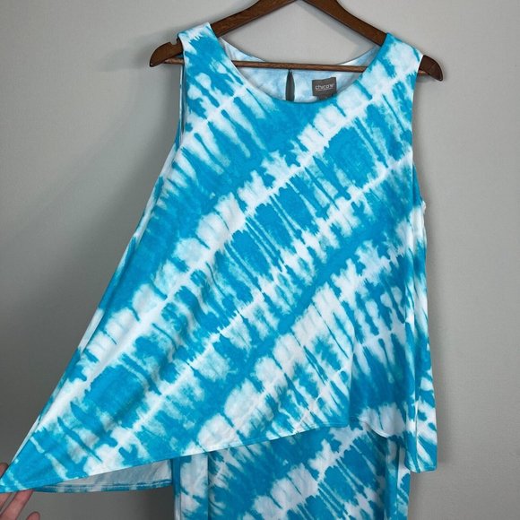 Chicos 2 Dress Large Blue Tie Dye Maxi Overlay Layered Flyaway Sleeveless Summer - Picture 3 of 11